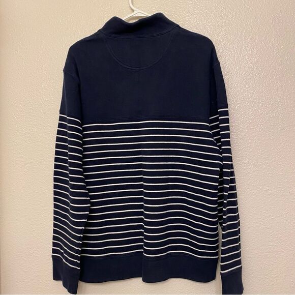 Lands' End Men's navy blue striped Rib Quarter Zip cotton Sweater preppy L - Picture 2 of 9